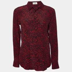 Pre Owned Saint Laurent Paris Red Heart Print Silk Button Front Shirt M