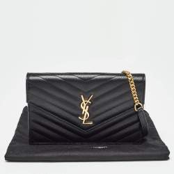 Saint Laurent Black Matelassé Leather Monogram Envelope Wallet on Chain