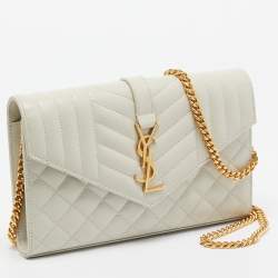 Pre Owned Saint Laurent White Matelassé Leather Cassandre Wallet on Chain