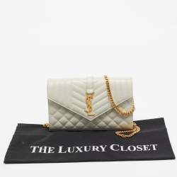 Pre Owned Saint Laurent White Matelassé Leather Cassandre Wallet on Chain