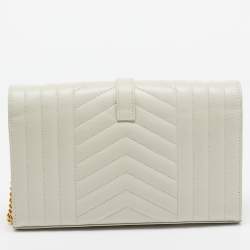 Pre Owned Saint Laurent White Matelassé Leather Cassandre Wallet on Chain