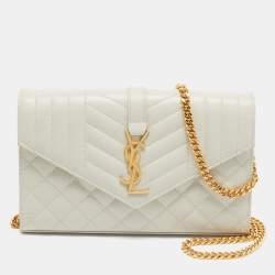 Pre Owned Saint Laurent White Matelassé Leather Cassandre Wallet on Chain
