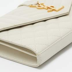 Pre Owned Saint Laurent White Matelassé Leather Cassandre Wallet on Chain
