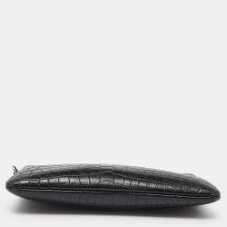 Saint Laurent Black Croc Embossed Leather Monogram Zip Pouch