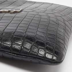Saint Laurent Black Croc Embossed Leather Monogram Zip Pouch