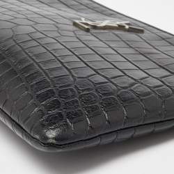 Saint Laurent Black Croc Embossed Leather Monogram Zip Pouch