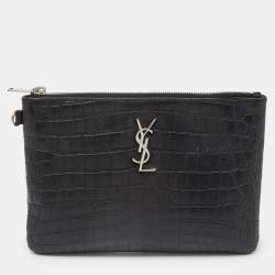 Saint Laurent Black Croc Embossed Leather Monogram Zip Pouch