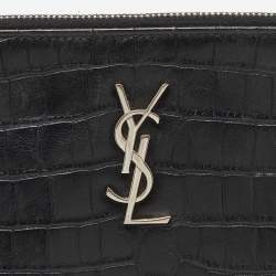 Saint Laurent Black Croc Embossed Leather Monogram Zip Pouch