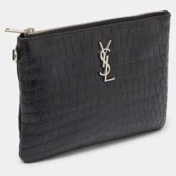 Saint Laurent Black Croc Embossed Leather Monogram Zip Pouch