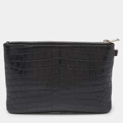 Saint Laurent Black Croc Embossed Leather Monogram Zip Pouch
