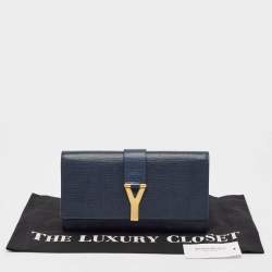 Pre Owned Yves Saint Laurent Navy Blue Leather Y-Ligne Clutch