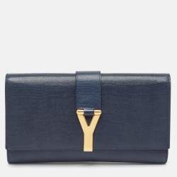 Pre Owned Yves Saint Laurent Navy Blue Leather Y-Ligne Clutch