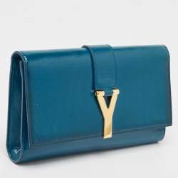 Saint Laurent Teal Green Patent Leather Y Line Clutch