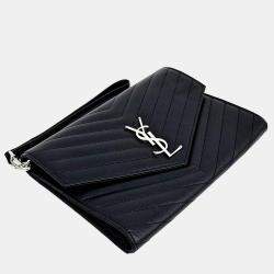 Saint Laurent Black Leather Monogram Envelope Clutch 