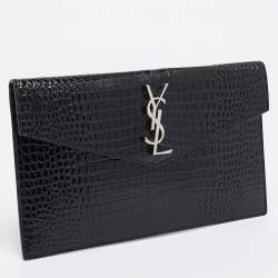 Saint Laurent Black Croc Embossed Leather Uptown Clutch