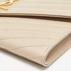 Pre Owned Saint Laurent Beige Matelasse Leather Cassandre Wristlet Pouch