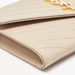 Pre Owned Saint Laurent Beige Matelasse Leather Cassandre Wristlet Pouch