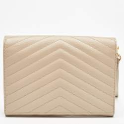 Pre Owned Saint Laurent Beige Matelasse Leather Cassandre Wristlet Pouch