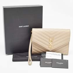 Pre Owned Saint Laurent Beige Matelasse Leather Cassandre Wristlet Pouch