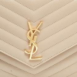 Pre Owned Saint Laurent Beige Matelasse Leather Cassandre Wristlet Pouch
