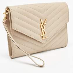 Pre Owned Saint Laurent Beige Matelasse Leather Cassandre Wristlet Pouch