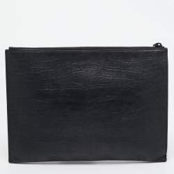 Pre Owned Saint Laurent Black Croc Embossed Leather Monogram Zip Pouch