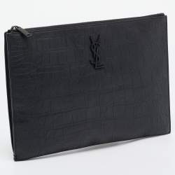 Pre Owned Saint Laurent Black Croc Embossed Leather Monogram Zip Pouch