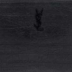 Pre Owned Saint Laurent Black Croc Embossed Leather Monogram Zip Pouch