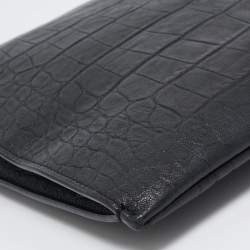 Pre Owned Saint Laurent Black Croc Embossed Leather Monogram Zip Pouch