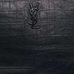 Pre Owned Saint Laurent Black Croc Embossed Leather Monogram Zip Pouch