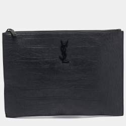Pre Owned Saint Laurent Black Croc Embossed Leather Monogram Zip Pouch