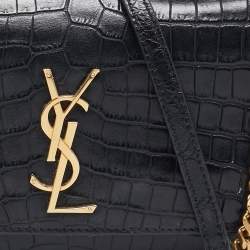 Saint Laurent Black Croc Embossed Leather Sunset Shoulder Bag