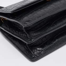 Saint Laurent Black Croc Embossed Leather Sunset Shoulder Bag