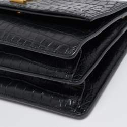 Saint Laurent Black Croc Embossed Leather Sunset Shoulder Bag
