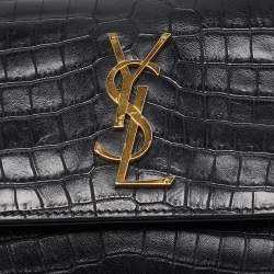 Saint Laurent Black Croc Embossed Leather Sunset Shoulder Bag