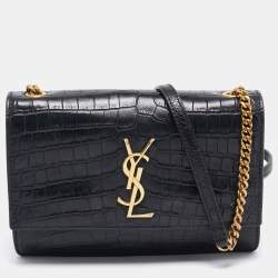 Saint Laurent Black Croc Embossed Leather Sunset Shoulder Bag