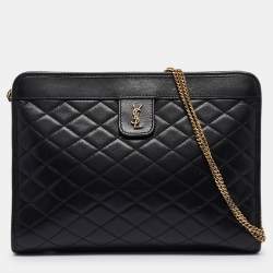 Saint Laurent Black Quilted Leather Victoire Chain Clutch 