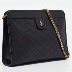 Saint Laurent Black Quilted Leather Victoire Chain Clutch 