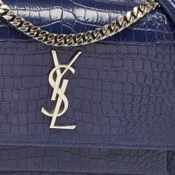 Pre Owned Saint Laurent Blue Croc Embossed Leather Medium Sunset Shoulder Bag
