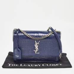 Pre Owned Saint Laurent Blue Croc Embossed Leather Medium Sunset Shoulder Bag