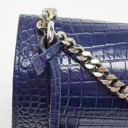 Pre Owned Saint Laurent Blue Croc Embossed Leather Medium Sunset Shoulder Bag