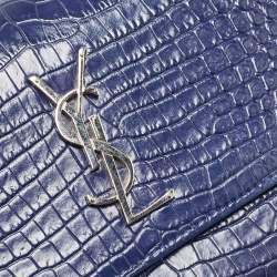 Pre Owned Saint Laurent Blue Croc Embossed Leather Medium Sunset Shoulder Bag
