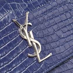 Pre Owned Saint Laurent Blue Croc Embossed Leather Medium Sunset Shoulder Bag
