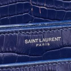 Pre Owned Saint Laurent Blue Croc Embossed Leather Medium Sunset Shoulder Bag