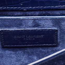 Pre Owned Saint Laurent Blue Croc Embossed Leather Medium Sunset Shoulder Bag