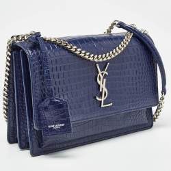 Pre Owned Saint Laurent Blue Croc Embossed Leather Medium Sunset Shoulder Bag