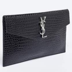 Pre Owned Saint Laurent Black Shine Croc Embossed Leather Medium Uptown Pouch