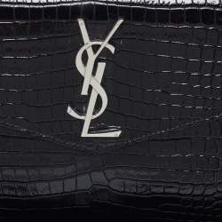 Pre Owned Saint Laurent Black Shine Croc Embossed Leather Medium Uptown Pouch