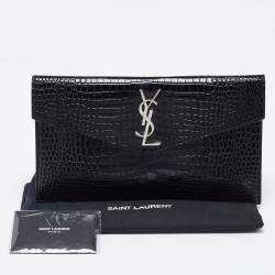 Pre Owned Saint Laurent Black Shine Croc Embossed Leather Medium Uptown Pouch