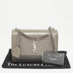 Pre Owned Saint Laurent Grey Croc Embossed Leather Medium Sunset Shoulder Bag